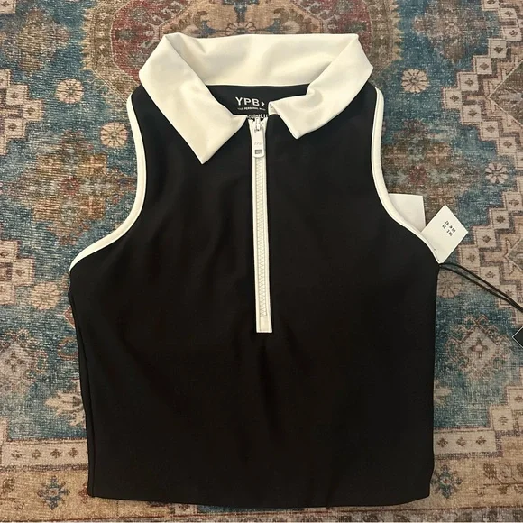 NWT YPB SculptLUX Women's Polo Tank Top Cropped Black & White Zip-Up size XS - Picture 3 of 8